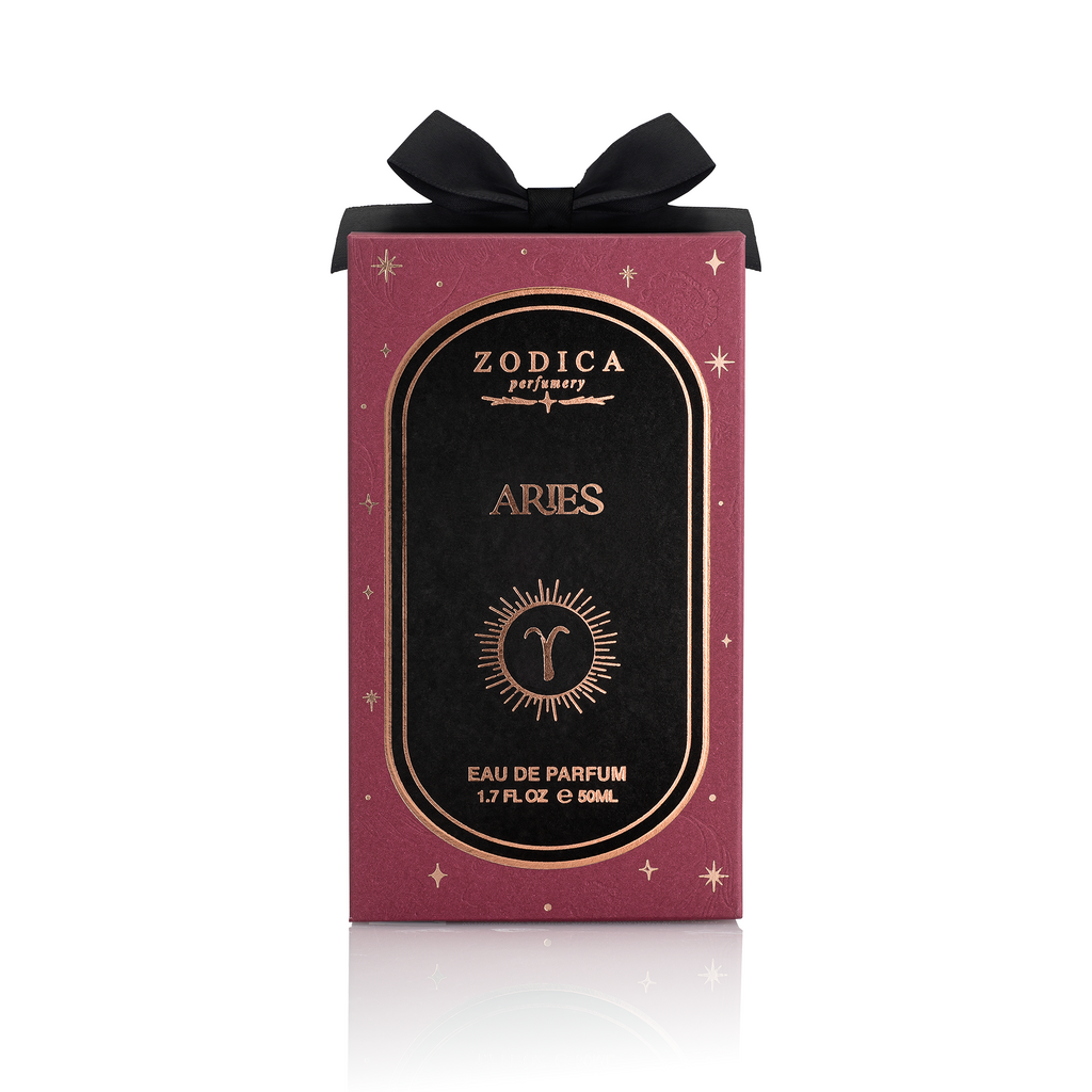 Zodica Aries eau de parfum packaging with a black bow on a white background