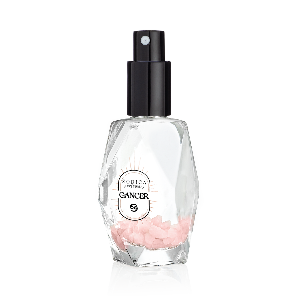 Zodica Cancer perfume bottle with rose quartz crystals on a white background