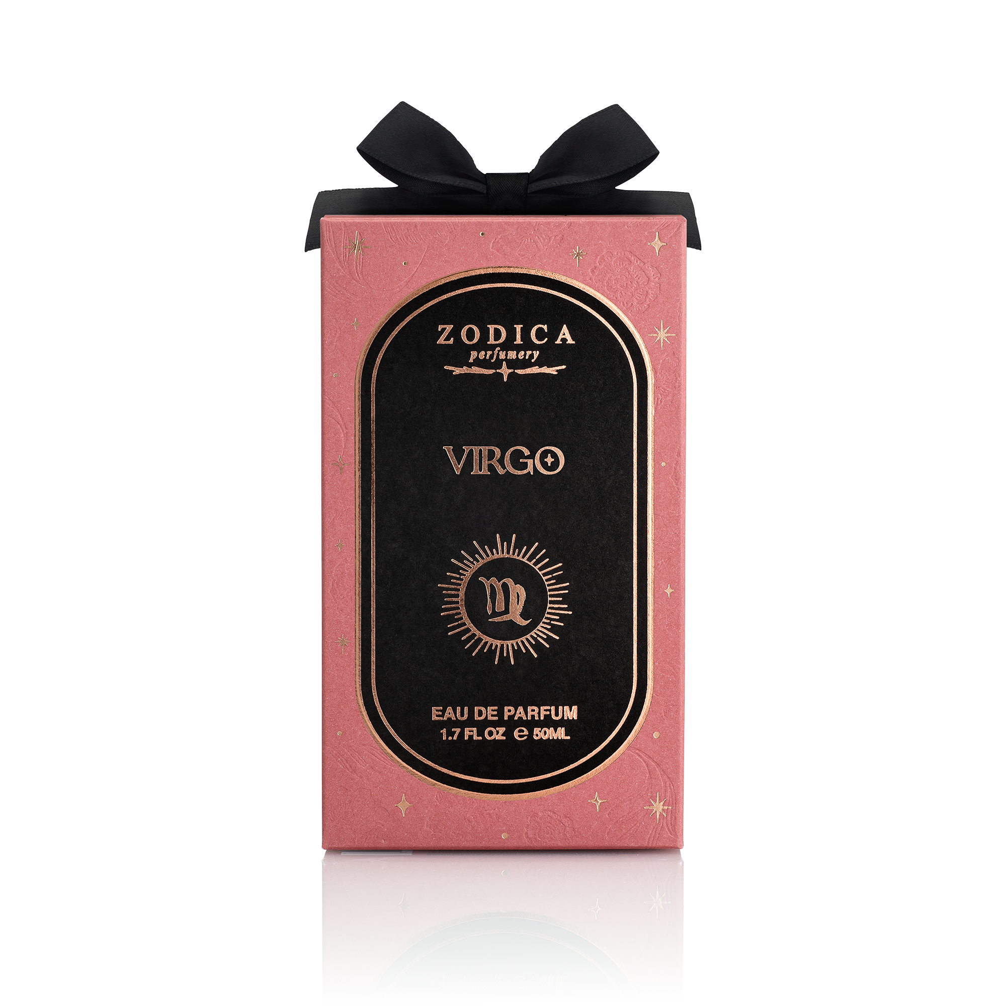Zodica perfume box for Virgo with pink packaging and black bow on a white background