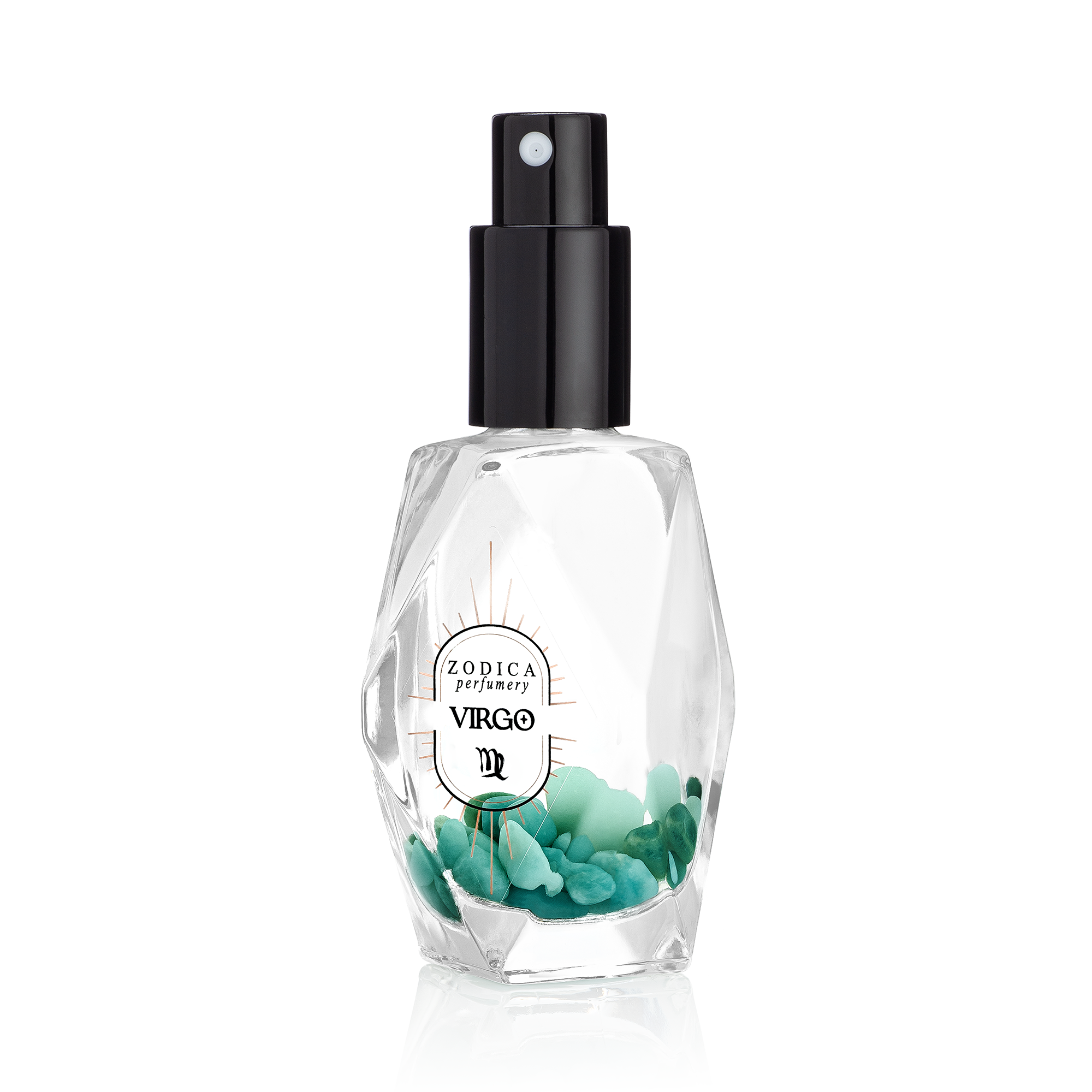 Perfume bottle labeled 'Virgo' by Zodica on a white background