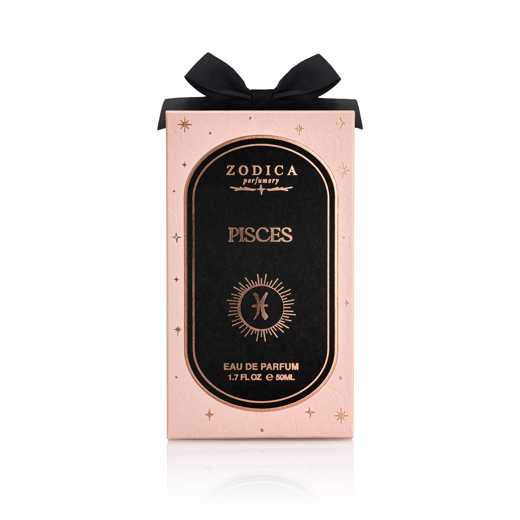 Zodica Pisces Eau de Parfum packaging with a black bow on a white background