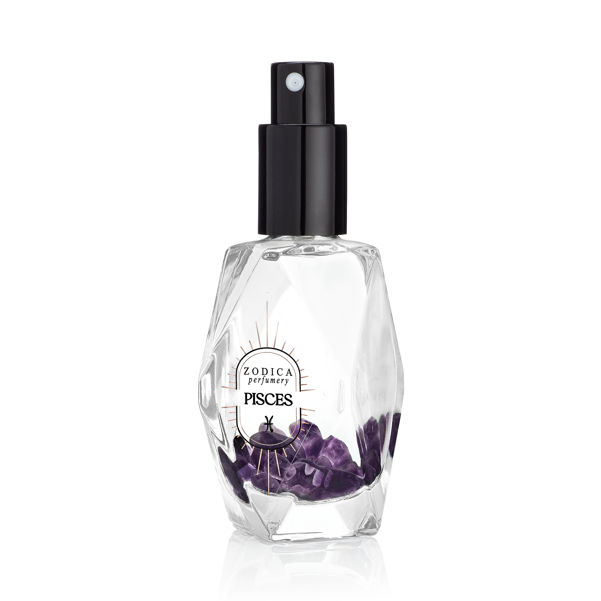 Zodica Perfumery Pisces perfume bottle with purple amethysts on a white background