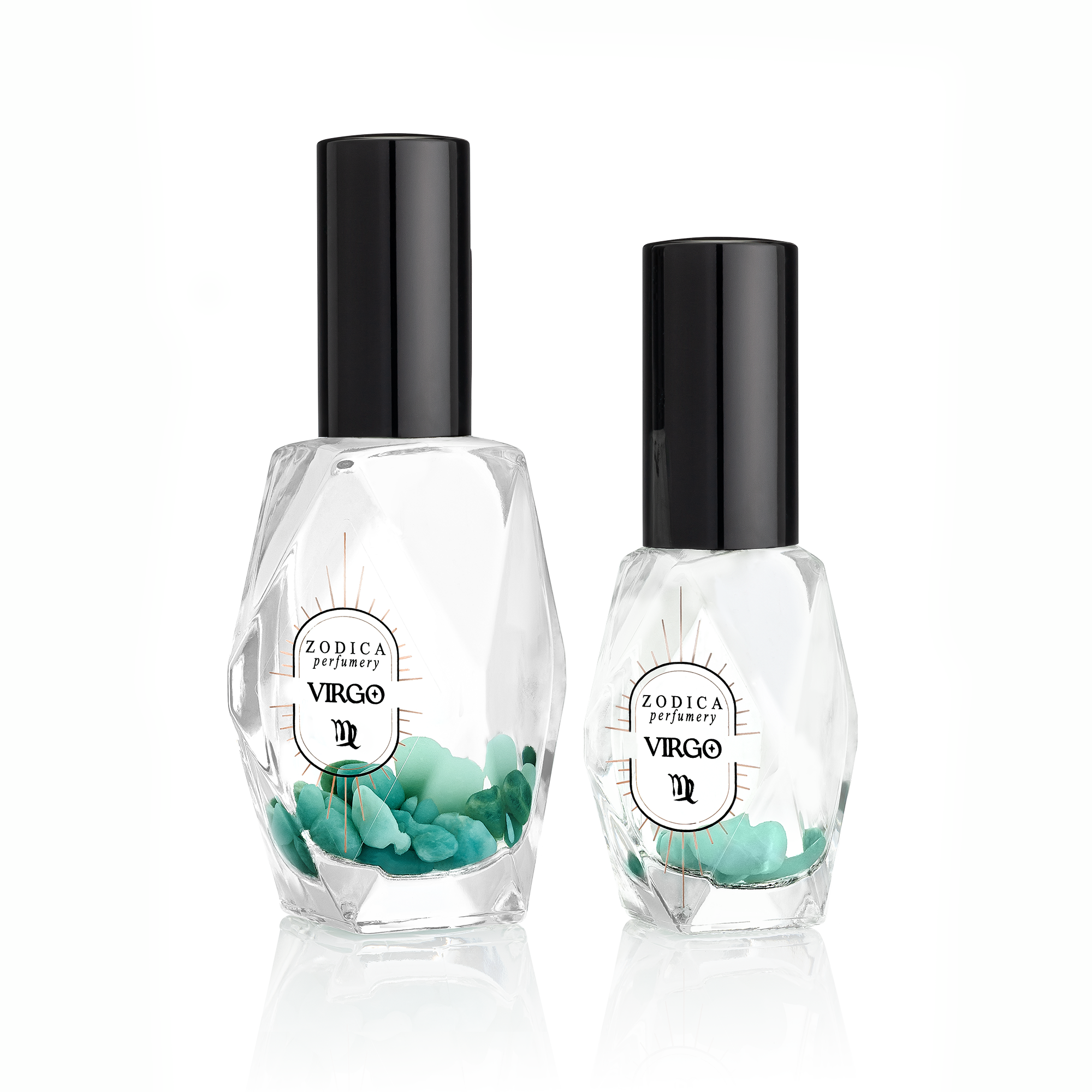 Zodica Virgo crystal infused bottles in 50ml and 22ml size comparison