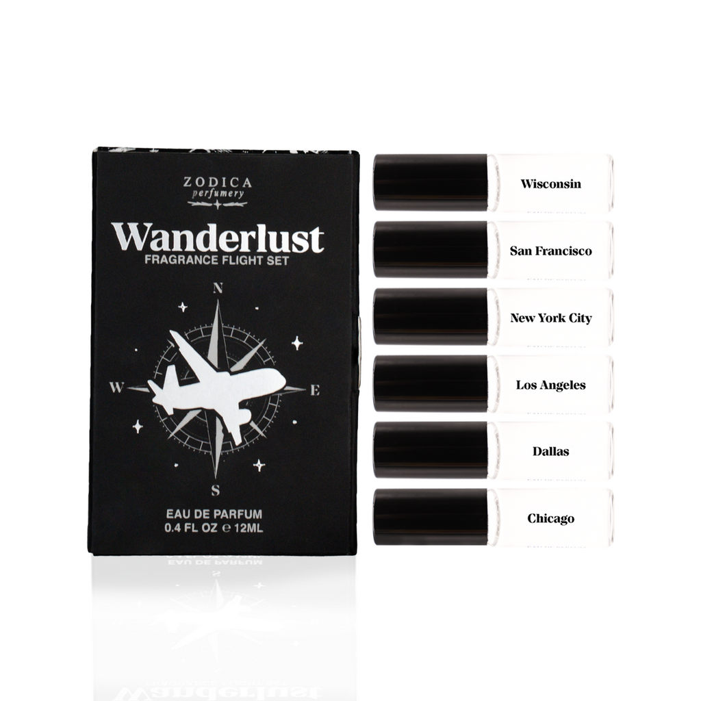 Zodica Perfumes Wanderlust Fragrance Flight Set packaging with black boxes labeled with city names.